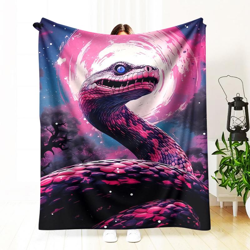 1Pc Gothic Snake Print Blanket - Deep Purple & Black Cobra Design With Pink & Blue Eyes, Soft Warm All-Season Indoor/ Throw For