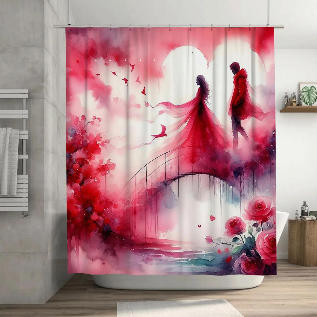 Romantic Couple On Bridge Waterproof Shower Curtain, Artistic Design for Bathroom Decor, Enhances Romantic Atmosphere