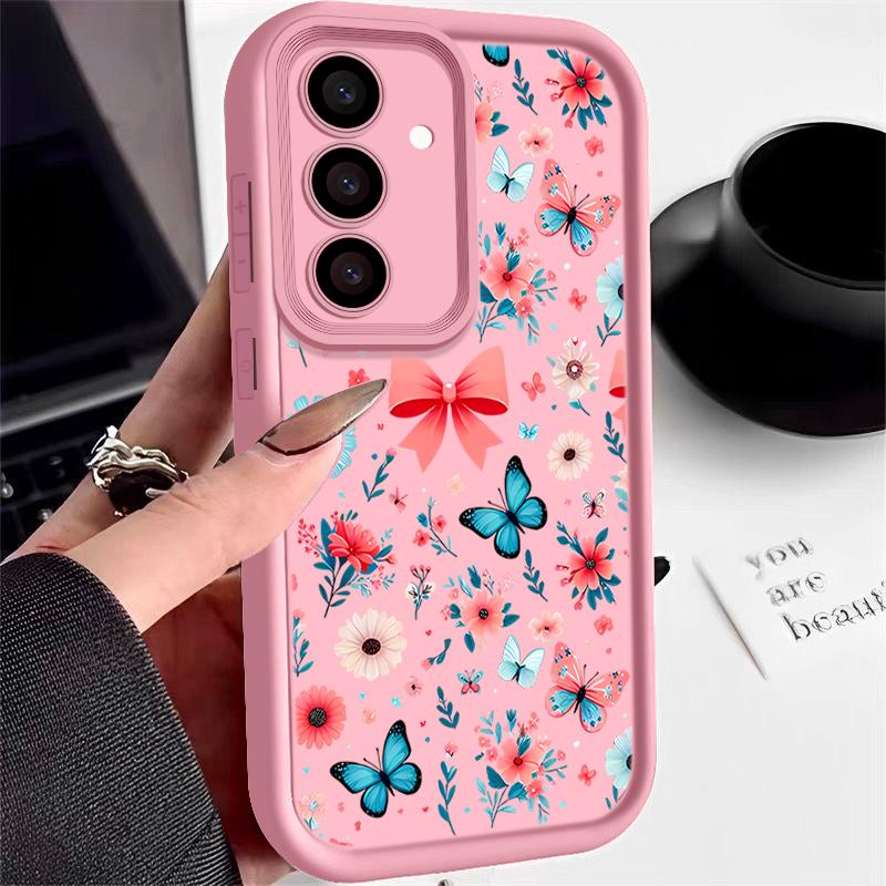 Butterfly Floral Pattern Anti-Fall Case For Samsung S25 Ultra S24 FE S23 S22 A56 A36 A26 A16 A15 A35 Matte Shockproof TPU Soft Phone Cover