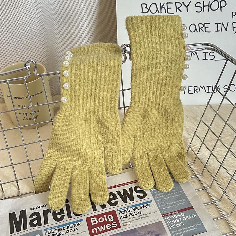 Korean Style Autumn/Winter Pearl Fingerless Touchscreen Wool Gloves for Women