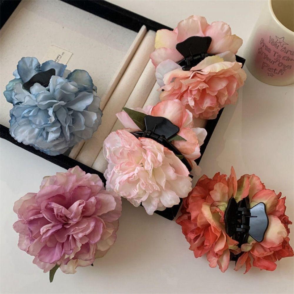 Cloth Peony Flower Hair Claw Hairpin Large Shark Clip Cute Artificial Flower Claw Clip  Hanfu
