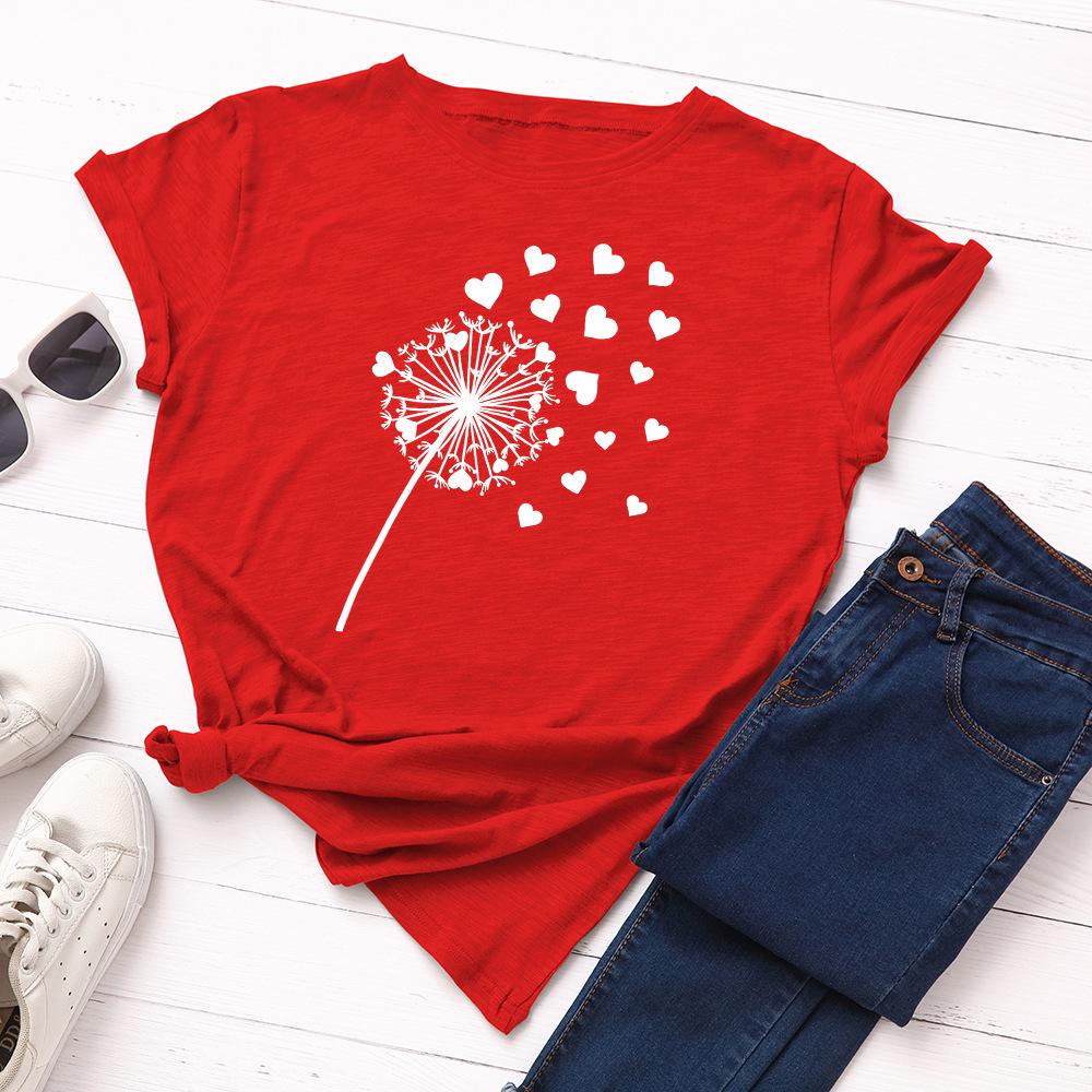 Cotton Loose Round Neck Creative Dandelion Heart-shaped Short Sleeved Women's T-shirts