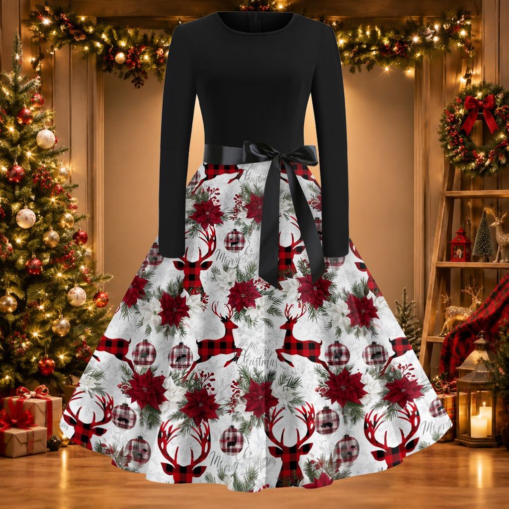 Women's Casual Christmas Print Dress, Round Neck Vintage Holiday Dress