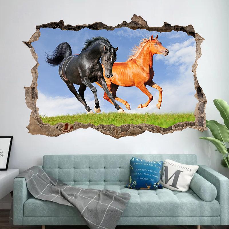 Plakat ze zwierzętami Dziura w ścianie Sztuka Biegnący Dobry Koń Winyl Naklejki Muralowe Do Salonu