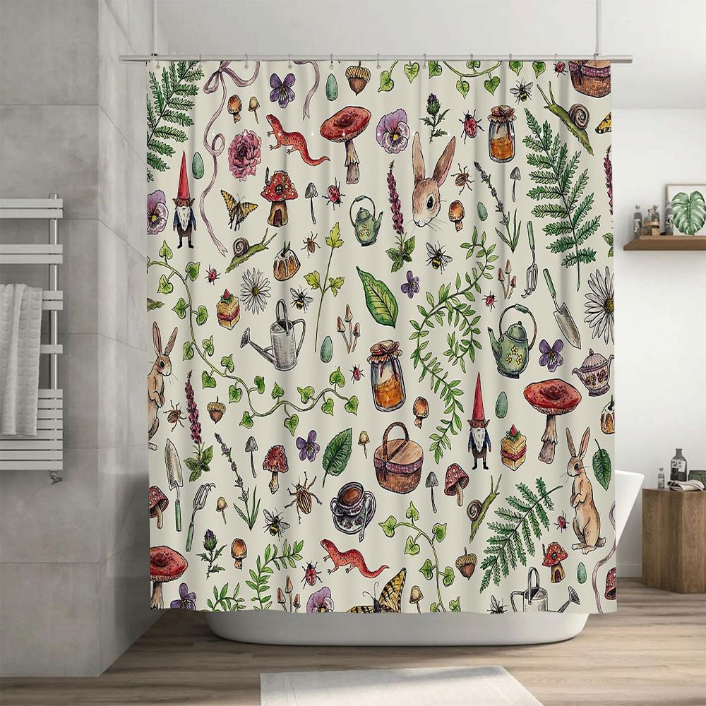 Botanical Shower Curtain Vintage Floral Nature Mushroom Forest Pattern Bathroom Decor Washable Fabric Backdrop