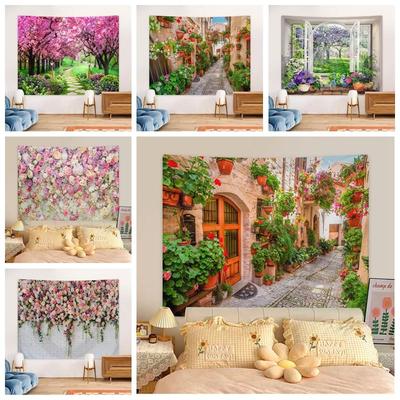 Pastoral Rose Flower Tapestry Spring Tapestry Background Cloth HD Hanging Cloth Tapestry Home Decor Home Decor with Install Fittings