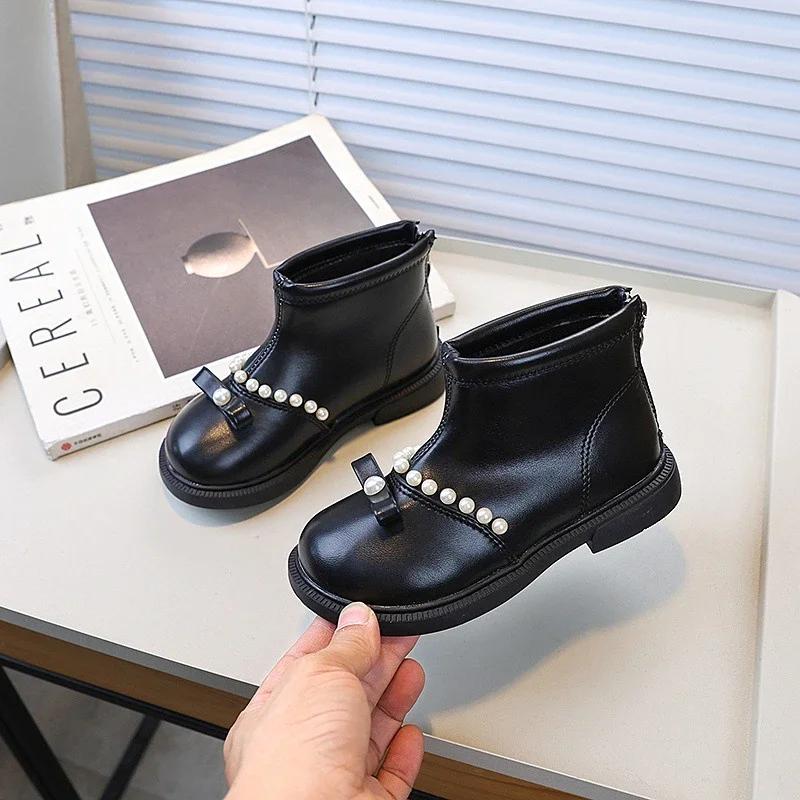 

новые Детские Бежевые Ботильоны Модные Милые Универсальные Осенние Ботинки для Девочек Повседневные Элегантные Детские Короткие Кожаные Ботинки Нескользящие 26 чёрный