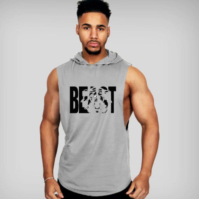 Men's Bodybuilding Fitness Sports Vest Hooded Sleeveless T-shirt Five-star Stitching Loose Large Size