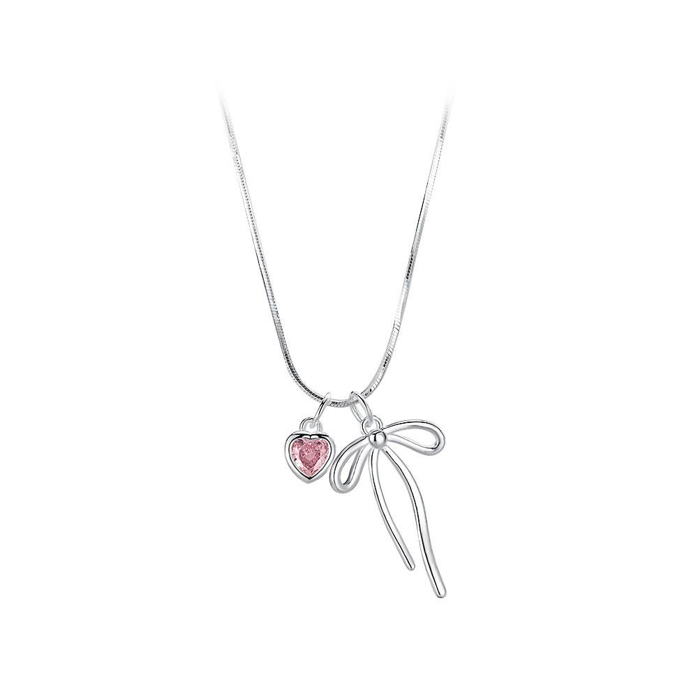 S925 Sterling Silver Heart Bow Necklace for Women - Luxury 2024 Pink Diamond Clavicle Pendant S925 Silver