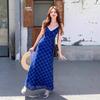 French Retro Blue Plaid Suspender Dress Women's Summer Lace Skirt Mesh Temperament Hip-wrapped Dress