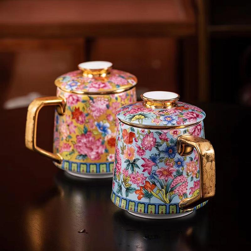 Gilt Cloisonné Enamel Women's Ceramic Mug with Tea Infuser and Square Canister