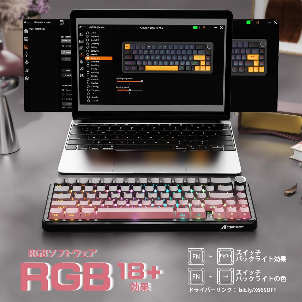 ATTACK SHARK X66 Gaming Keyboard, Tri-Mode WirelessBluetoothWired Hot-Swap Mechanical Keyboard, 60% Layout with Knobs, PBT 66 Keys, No Numeric