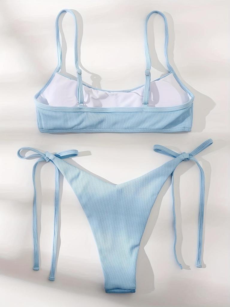 European & American Tie-Up Bikini Set: Sexy Solid Color Ribbed Swimsuit for Women