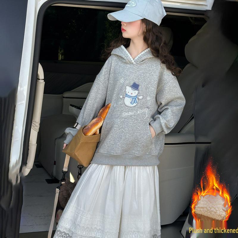 

Толстовка с капюшоном из плотного флиса с мультяшным принтом для девочек, зима 2025 120cm серый