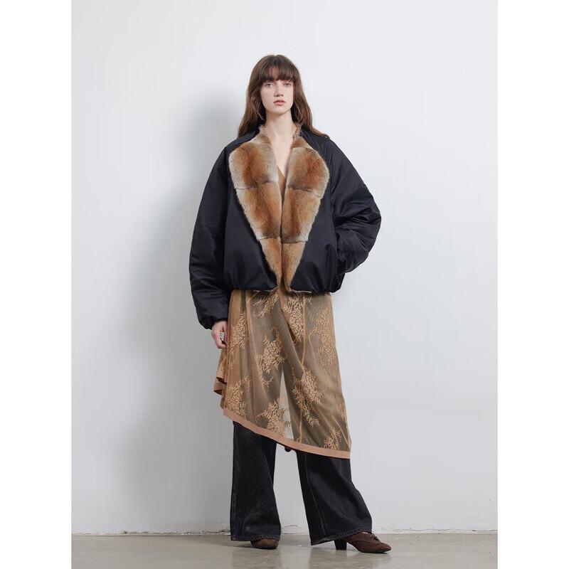Fu Zhi En Heer Casual Color-Block Faux Fur Collar Short Parka M