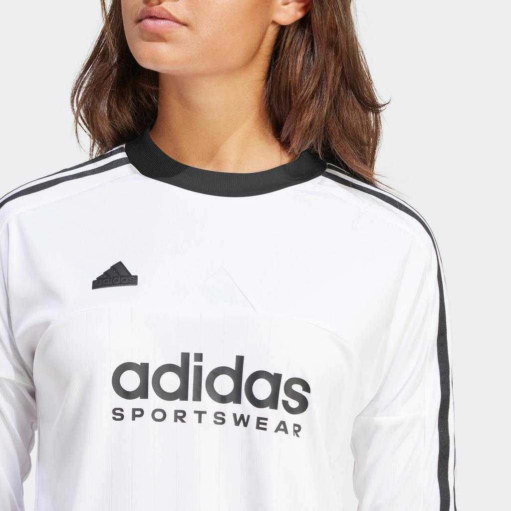 adidas Tiro 3-Streifen Langarm-T-Shirt Logo-Print Rundhalsausschnitt Damen Tops Weiß IP1697