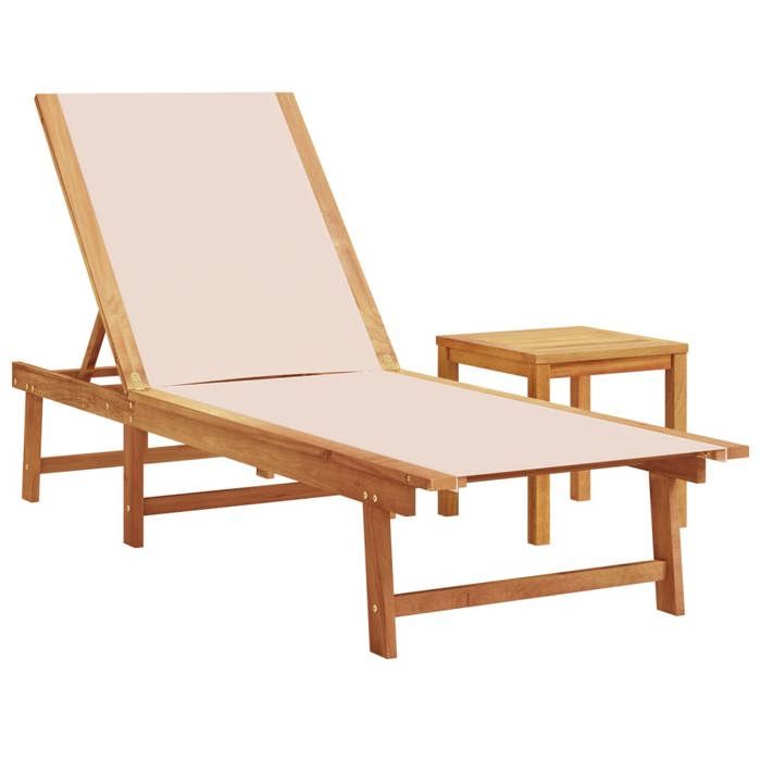 VidaXL Chaise longue et table crème bois d'acacia solide et textilène, lit de soleil, lit de repos, chaise longue 4008416