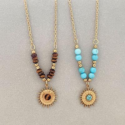 18k Gold Plated Women's Necklace with Tiger Eye, Lapis Lazuli, and Stainless Steel Accents