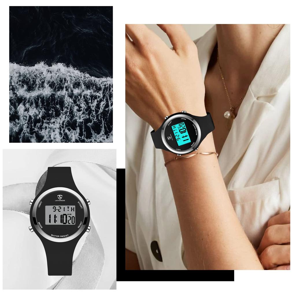 Digital Wristwatch for Women, Slim Design, Unisex, Stylish, Waterproof, Black, Simple, Sporty Watch with Multifunctional Features: Alarm/Date/Day/Stop
