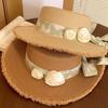 Simple French Style Lace Floral Brim Cap Wide Brim Flat Top Straw Woven Hat Sweet Lolita Sunscreen Hat Travel