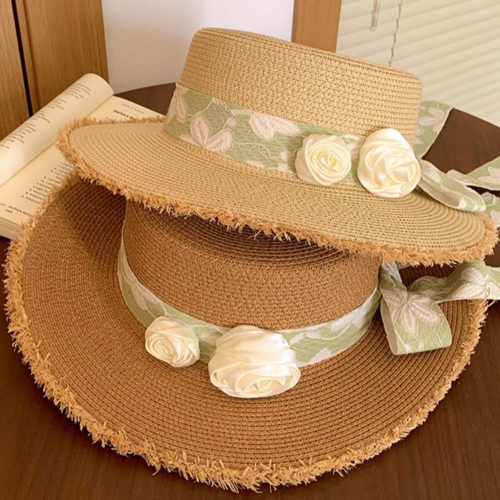 Simple French Style Lace Floral Brim Cap Wide Brim Flat Top Straw Woven Hat Sweet Lolita Sunscreen Hat Travel