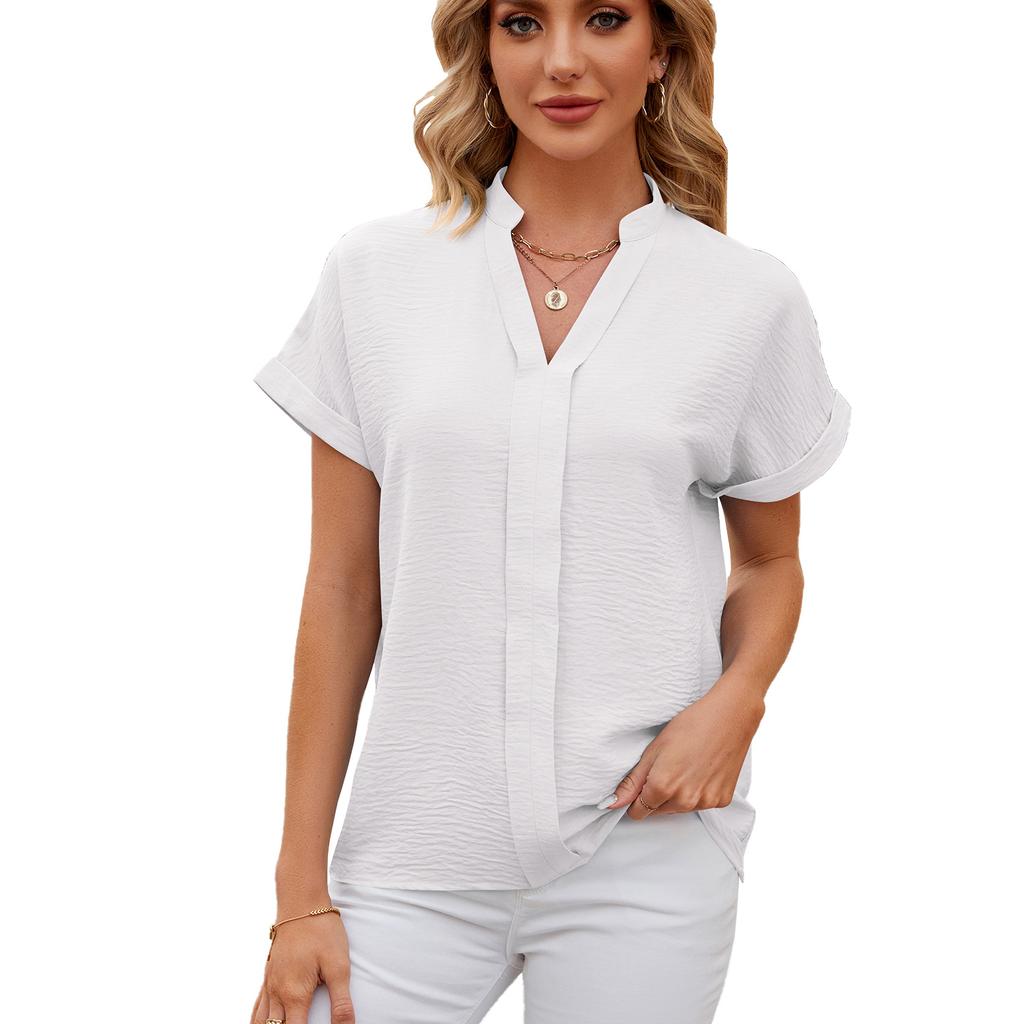 Summer Women's Shirt Solid Color V-neck Short-sleeved Shirt Loose Casual Chiffon Shirt
