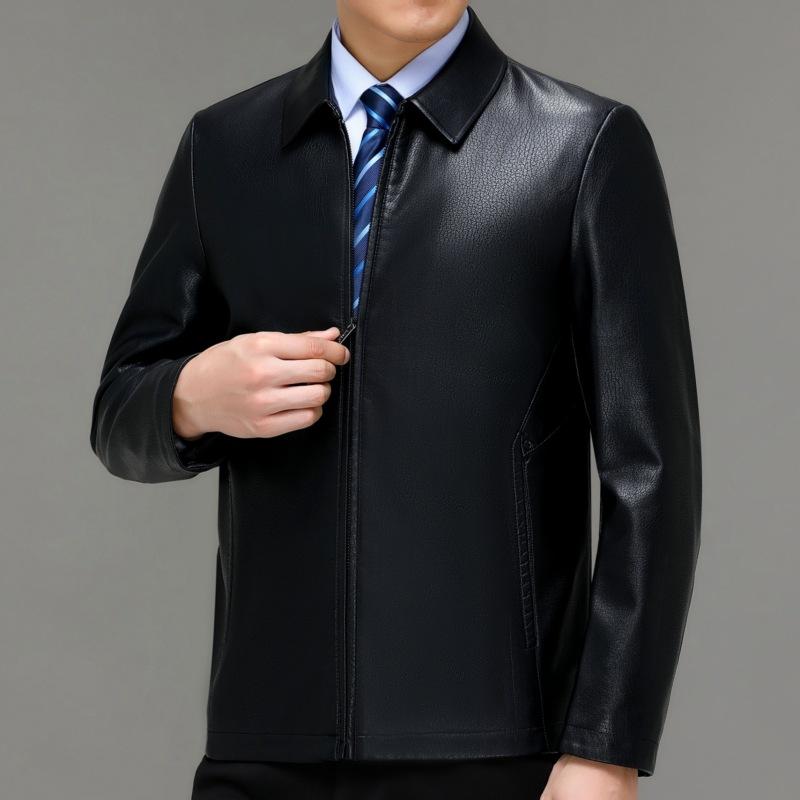 Genuine Leather Jacket Men's Autumn Velvet Lapel Business Casual Leather Top Middle-aged Dad Thin Leather Jacket