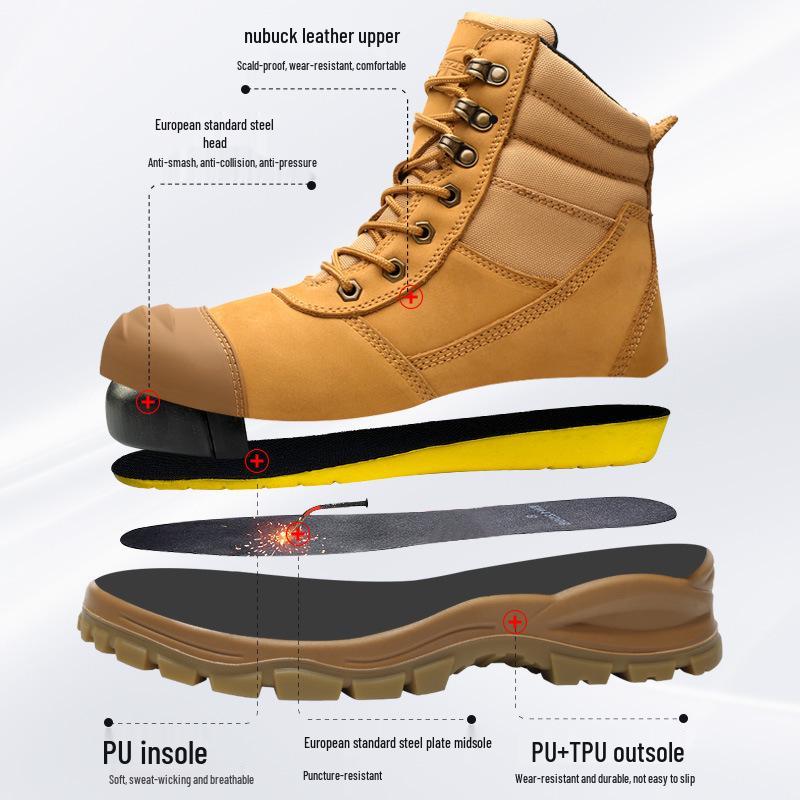 Men's High-Top Wheat Safety Shoes: European Standard, Anti-Smash, Anti-Pierce, Wear-Resistant, Durable Leather with Zipper Style.