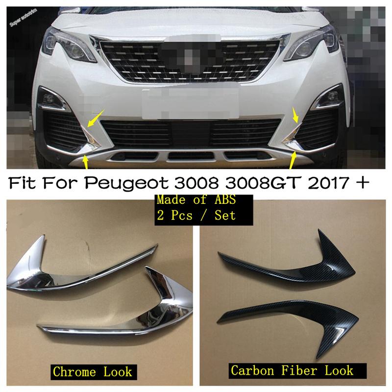 Chrome / Carbon Fiber Look Front Fog Lights Lamps Eyebrow Strip Cover Trim For Peugeot 3008 5008 GT 2017 - Car Accessories
