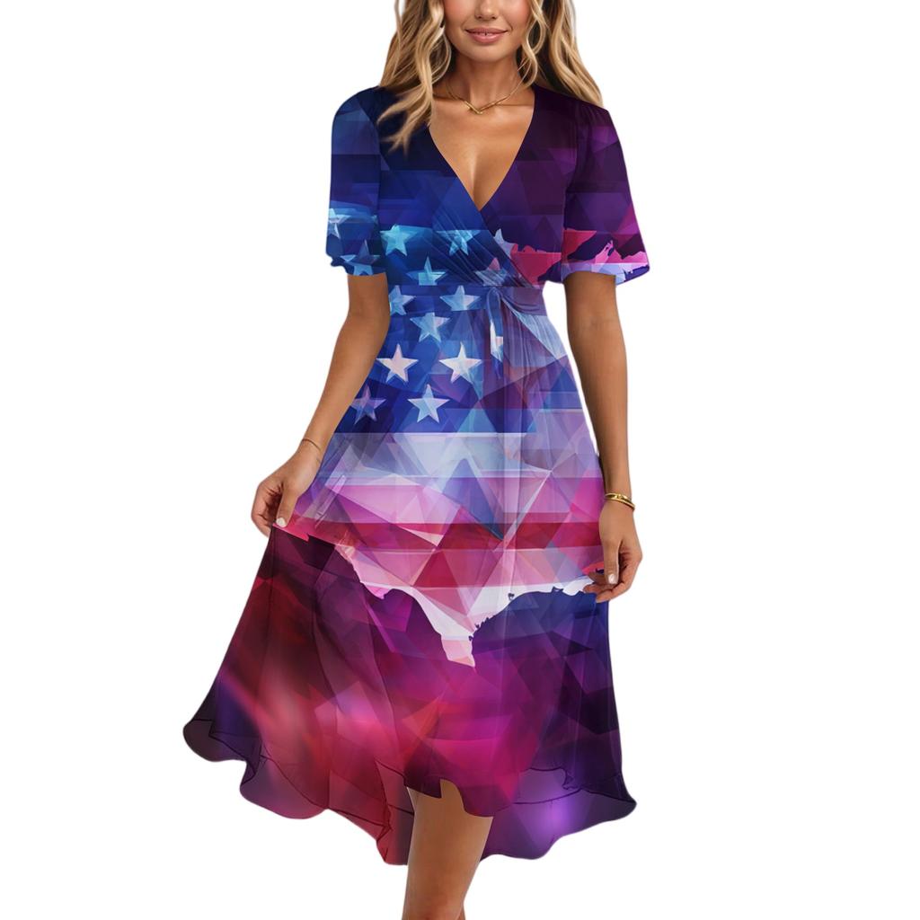 Women's Casual V-Neck Short-Sleeve Independence Day Print Dress