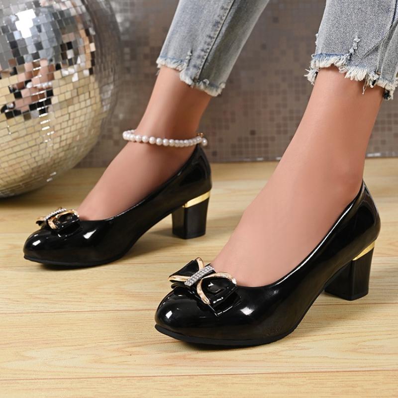 2026 Women Pumps Spring Autumn Shallow Patent Leather Heels Women Sweet Bow Round Toe High Heels Shoes Women Zapatos De Mujer