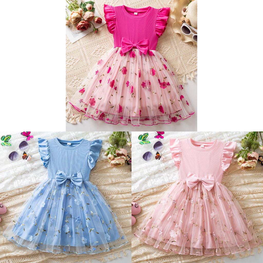 Girl Summer Princess Dress With Floral Embroidery And Tulle For Kids