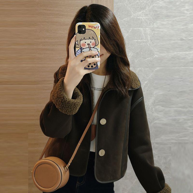 

Женское зимнее пальто 2025 года, цвет кофе, с лацканами, замша-кожа, шерсть ягненка, на бархатной подкладке, плотное, короткое S (80-100 cm)