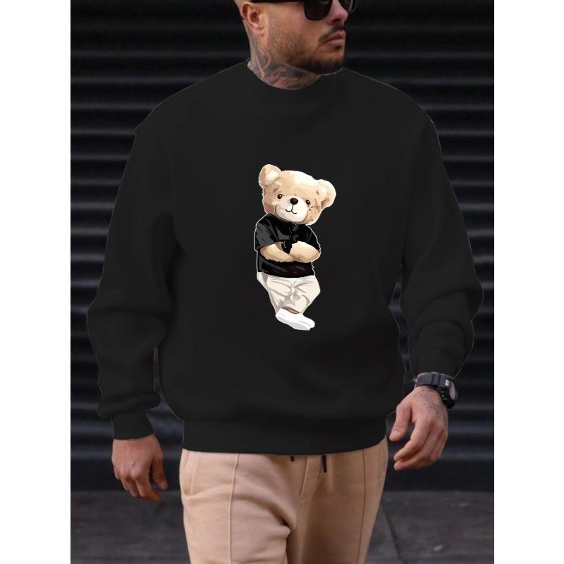 Men's Cartoon Bear Pattern Casual Round Neck Sweatshirt, Soft Breathable Comfortable For Home Or Outings, Plus Size.