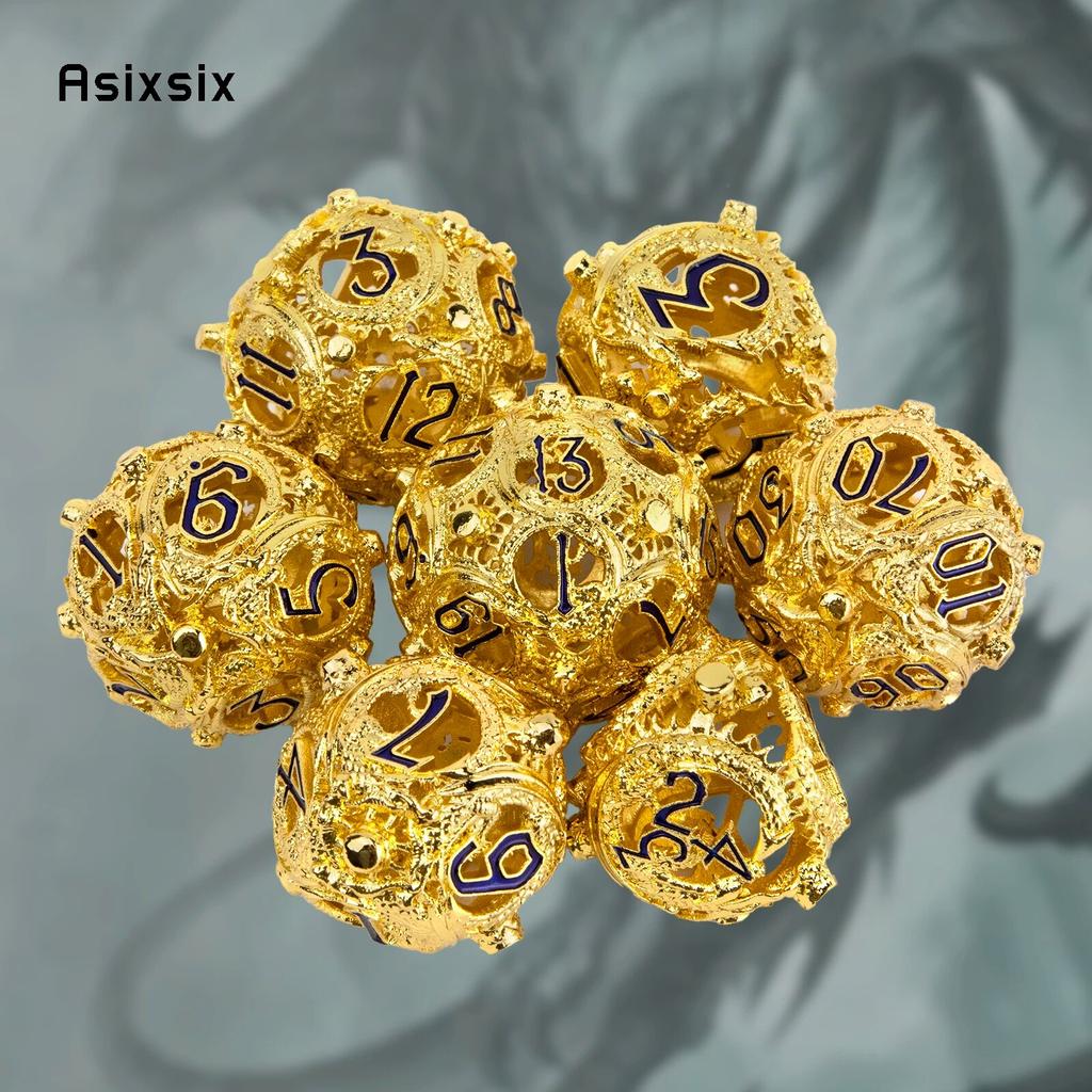 7 Pcs Golden Black Circular Dragon Metal Dice Hollow Metal Polyhedral Dice Suitable for Role-Playing RPG  Board Game Card Game