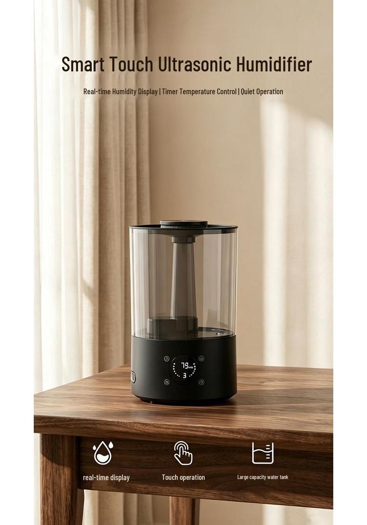 Smart Black Desktop Humidifier: Large Mist, Water Timing, Aromatherapy, Clear Tank for Home Bedroom