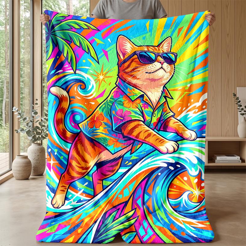 Surfing Cat Paradise Theme blanket Lightweight Warm Flannel Blanket Decorative Throw Blanket for Home Decoration