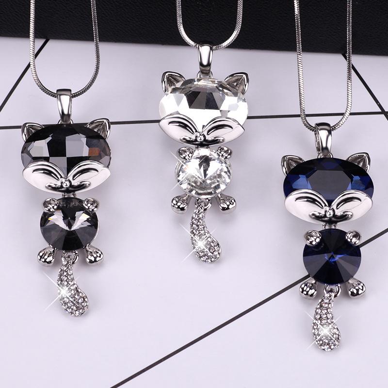 Unique Cat Character Crystal Sweater Necklace Long Chain Fashionable Alloy Jewelry Women For