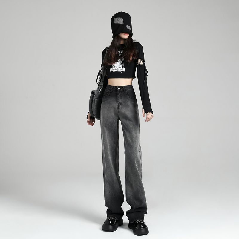 

Gradient Smoky Gray Wide Leg Denim Female Spring New Arrival Fashion High Street Vibe Loose Easiest for Match Draggle-Tail Straight Trousers Gradient Gray XL