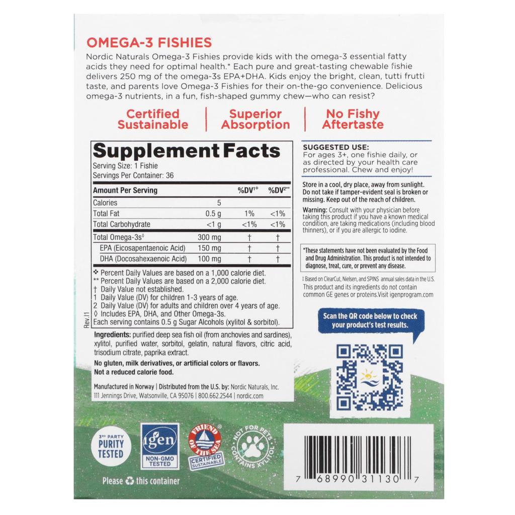 Omega-3 Fishies, Sugar Free, Ages 3+, Tutti Frutti, 300Mg, 36 Jelly Pieces