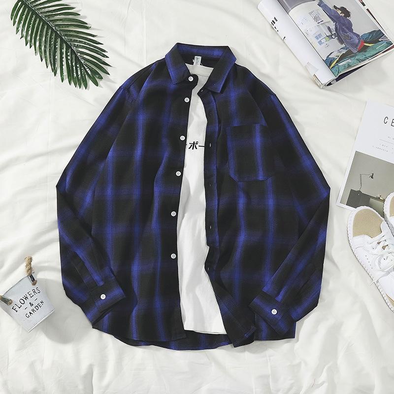 

Весенняя клетчатая рубашка мужская с длинным рукавом корейская модная свободная повседневная подростковая рубашка для пар красивая универсальная блузка 3XL синий