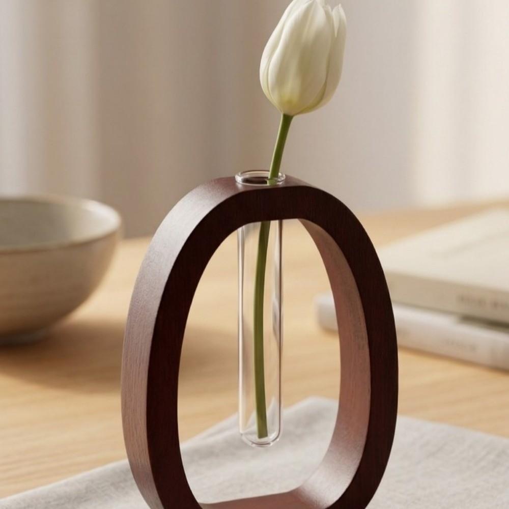 Home Decoration Hydroponic Flower Vase Wooden Flower Holder Water Plant Tube Stand Desktop Decor