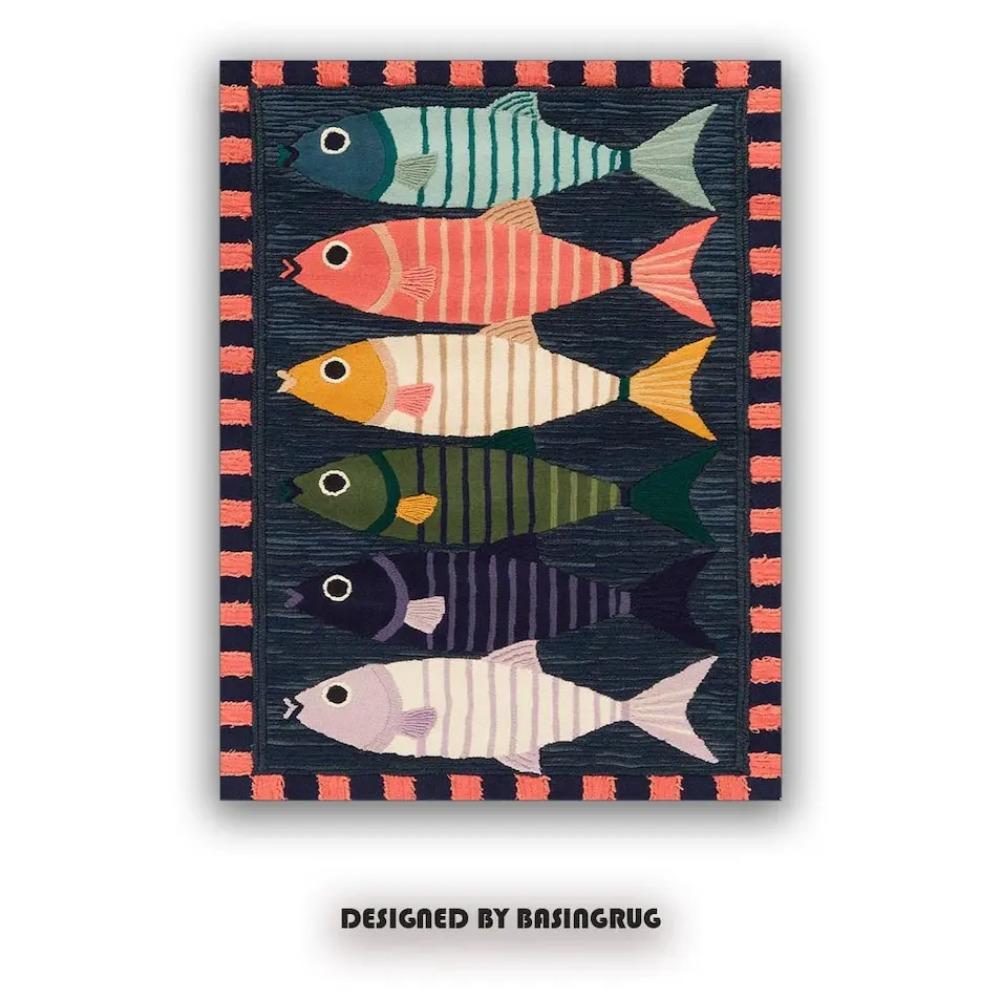 Colorful Fish Rug Striped Design Navy Background Coral Border Vibrant Kids Room Playroom Carpet for Home Decor Floor Mat