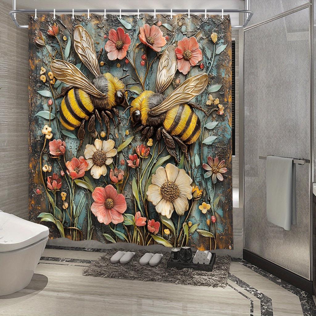 3D Bees and Flowers Waterproof Shower Curtain for Modern Bathroom Decor, Stylish and Durable, Perfect for Home Use