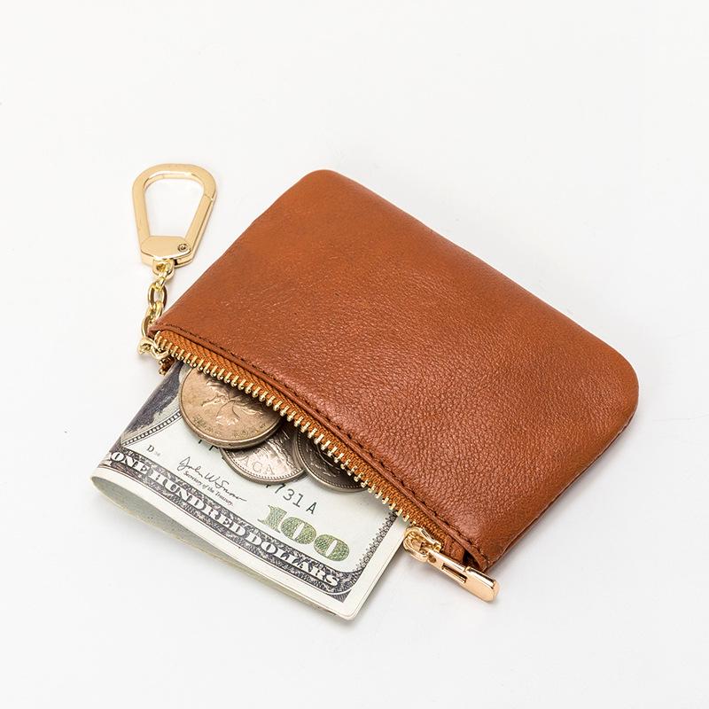 Top Grain Soft Cowhide Mini Zipper Wallet - Ultra-Thin Keychain Coin Purse