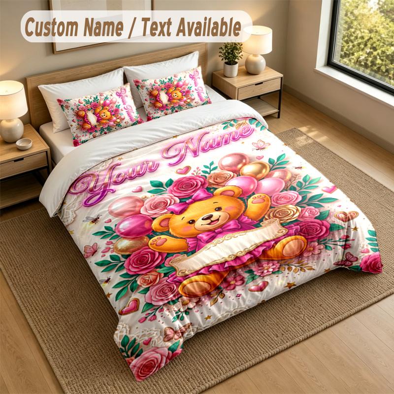 Bear Panda Theme Personalized 3Pcs Bedding Set Custom Text & Name 1 Sheet 2 Pillowcases Household Bedding 1pc