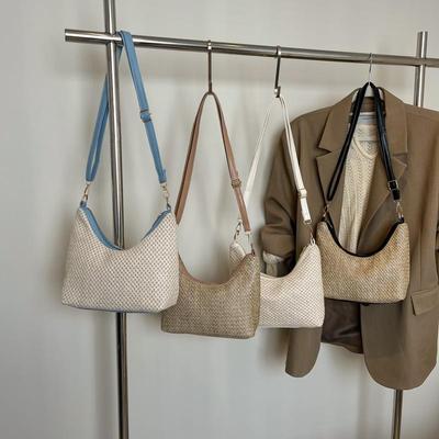 Sac en Paille Tressée Mignon Fait Main Tressage Grande Capacité Sac à Bandoulière Sac Cabas en Rotin Sac Hobo d'Épaule pour Dames Femmes KTB