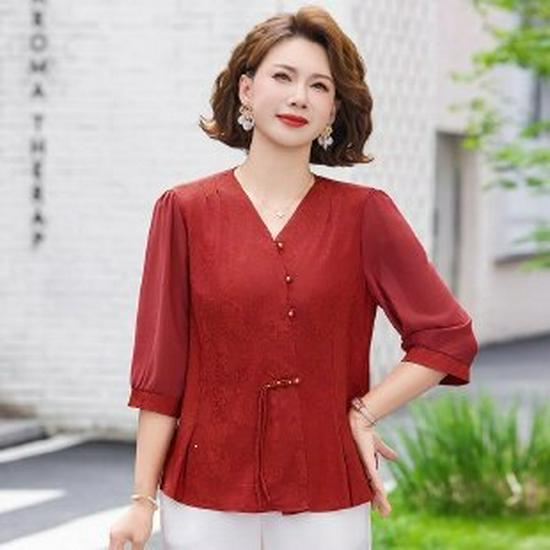 2026 New Guofeng Chinese Style Top for Middle-Aged Women - Spring/Summer Seven-Sleeve Shirt 3XL