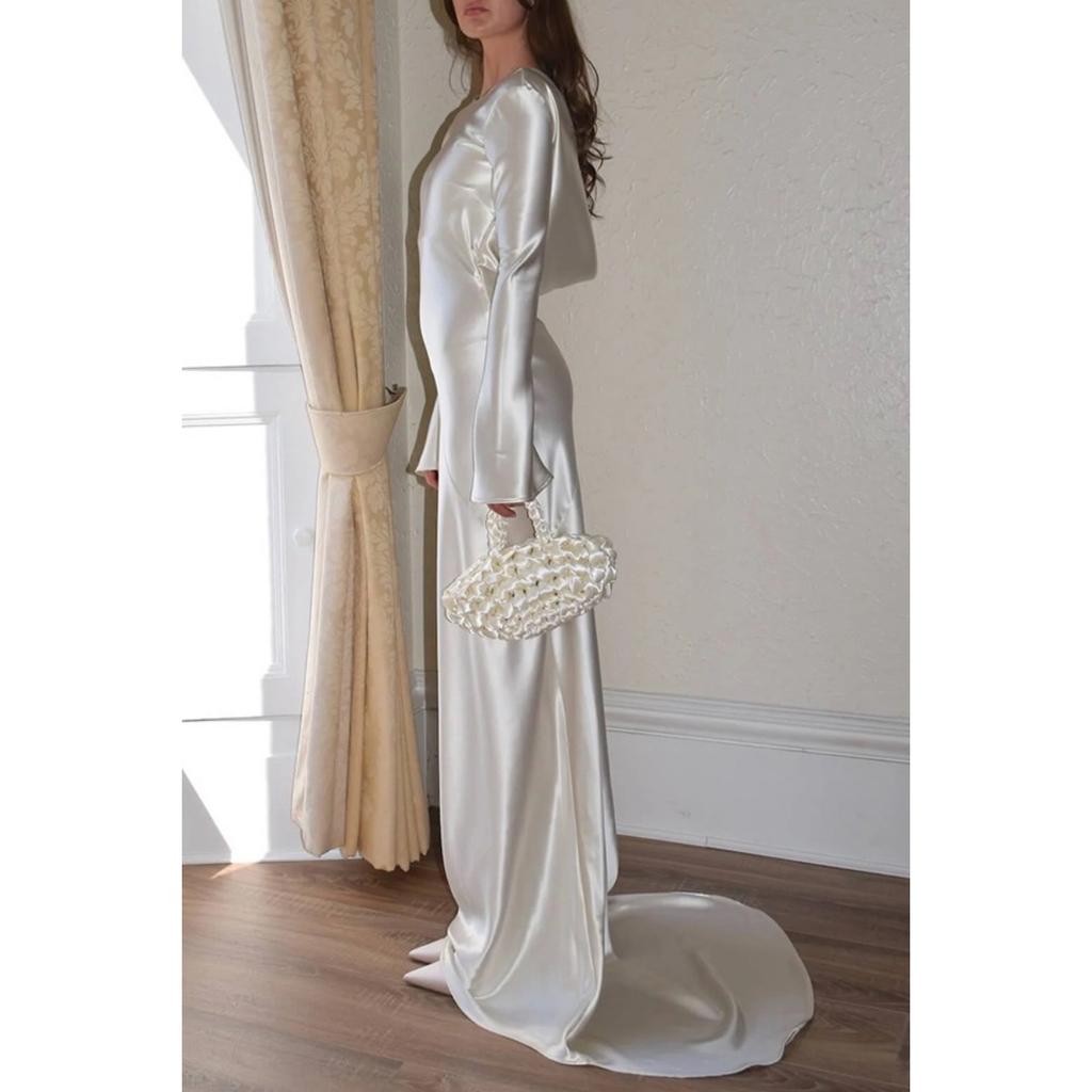Women's Sexy Backless Mermaid Maxi Dress, Solid Color Round Neck Slim Fit Evening Gown for European American