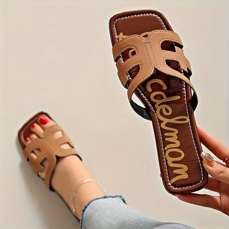 Women's Hollow Out Flat Slides, Retro Square Open Toe Summer Shoes, Casual Outdoor Beach Slides